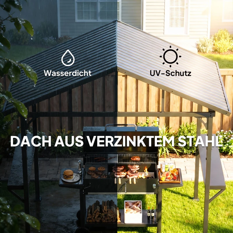 Outsunny Grillpaviljoen 2,52 x 1,56 m, Waterdicht Grillpaviljoen met Zadeldak Zijplanken Haken Stalen Frame Zwart