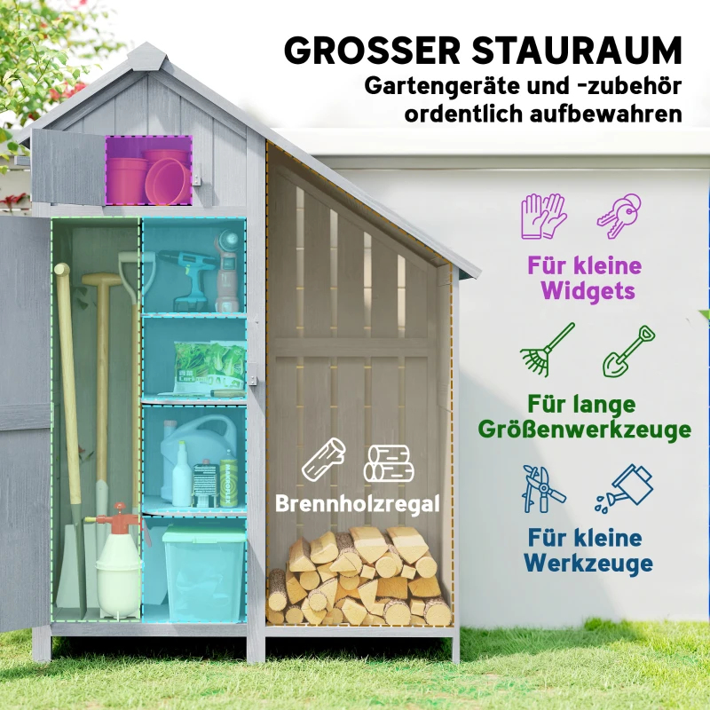 Outsunny Houten tuinkast outdoor weerbestendig met bitumendak en planken, 129 x 51,5 x 180 cm, grijs