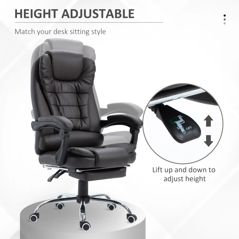 HOMCOM Executive Office Chair with Footrest, Ergonomic PU Leather Desk Chair with High Back, 145° Reclining, Thick Padded, Swivel Wheels for Home, Brown