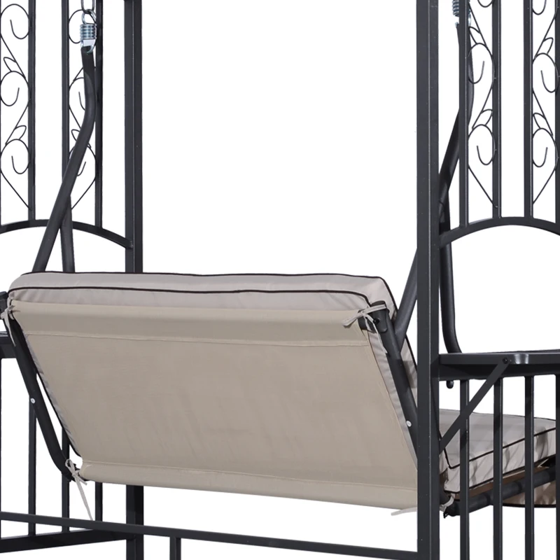 Outsunny Outdoor Garden 2 Seater Canopy Swing Chair Seat Porch Loveseat Vintage Hammock Cushioned Seat w/ Steel Frame and Side Drink Panel, Beige