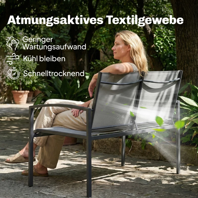 Outsunny Tuinbank 2-zits weerbestendig metalen outdoor zitbank met ademende zitting gebogen armleuningen 112 x 66 x 80 cm grijs