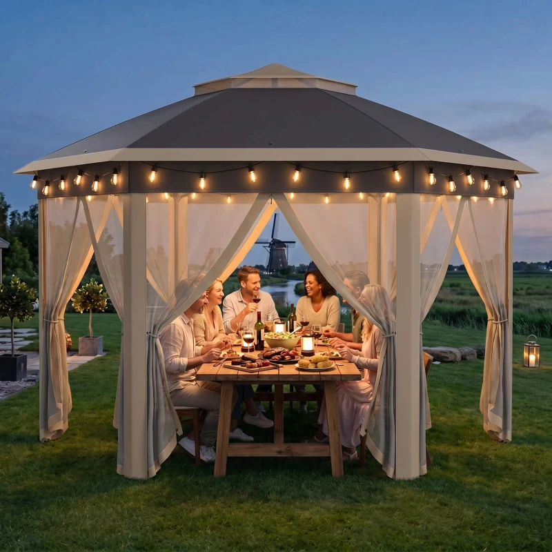 Outsunny Paviljoen 4x4 tuinpaviljoen zeshoekig opvouwbaar met draagtas dubbel dak beige+ kaki