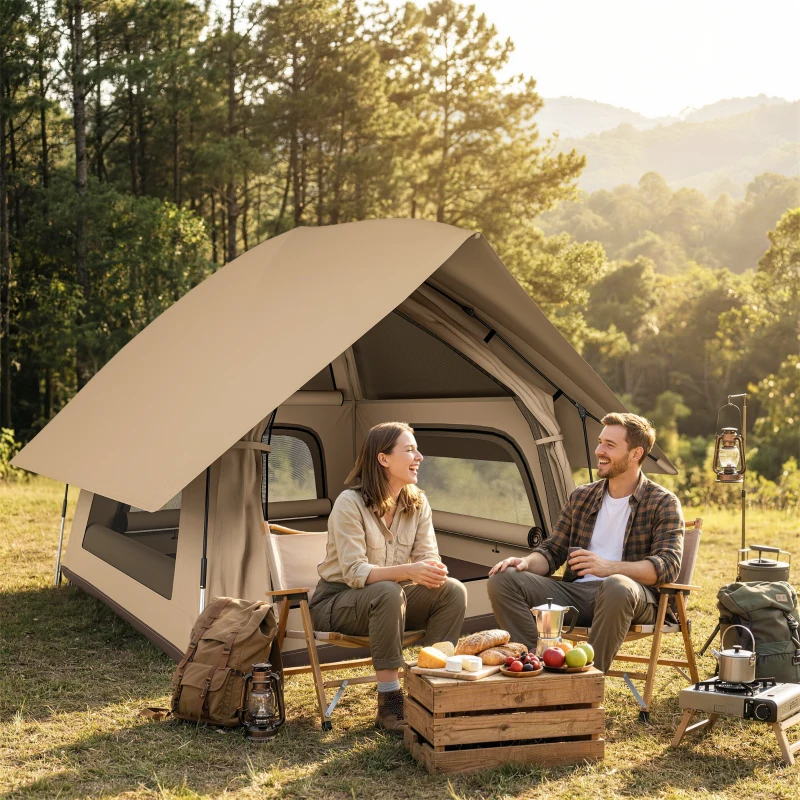 Outsunny Instant Pop-Up Tent met Regenschutz, Waterdicht Koepeltent voor 2-3 Personen met Grondzeil, 4 Ramen, 235x235x184cm, Khaki