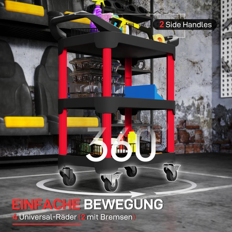 HOMCOM Gereedschapswagen met 3 Niveaus, Zijhandvatten, Wielen, Kunststof, Zwart