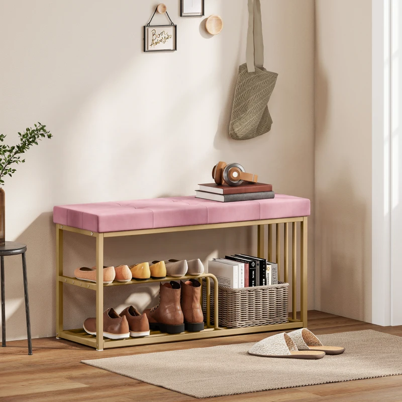 HOMCOM Bench and Shoe Storage, Tufted Shoe Storage Bench with Velvet Seat Cushion Gold Steel Frame for Entryway, Pink