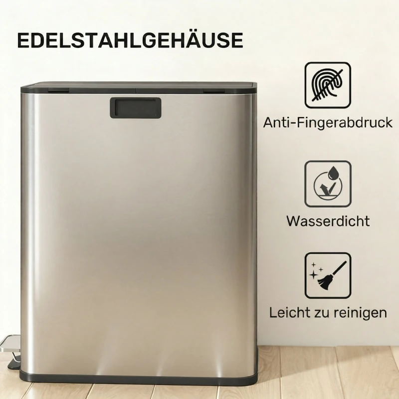 HOMCOM Dubbele keukenafvalbak 2 x 28L roestvrijstalen pedaalemmer met soft-close deksel, uitneembare binnenemmers