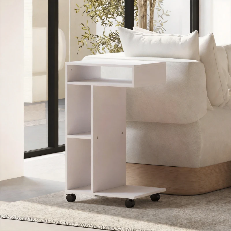 HOMCOM Table d'appoint en forme de C avec roulettes, avec 3 compartiments et 1 étagère ouverte, 40 x 30 x 69 cm, blanc
