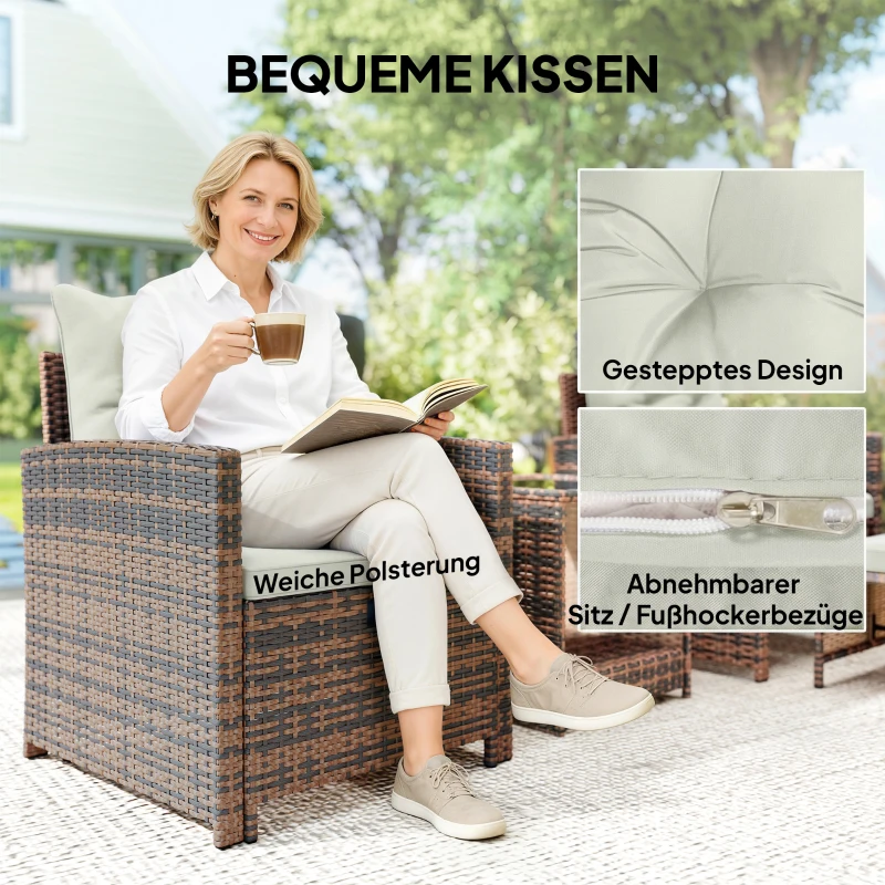Outsunny Rattan Tuinmeubelset 5-delig Balkonmeubelset met 2 Stoelen, Kussens, Voetenbankjes, Tafel, Opbergruimte Crème