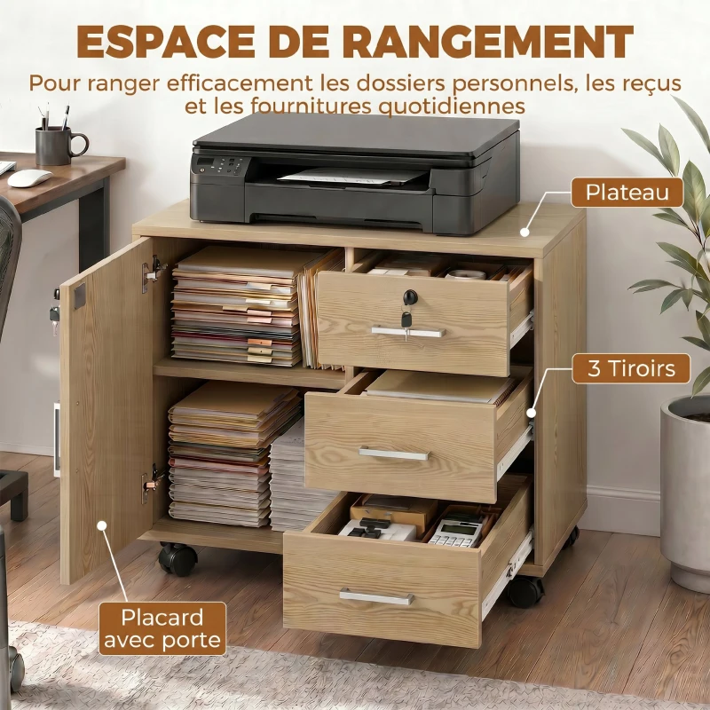 HOMCOM Caisson bureau meuble de rangement verrouillable avec 3 tiroirs et étagère réglable, roulettes, 40 x 60 x 56 cm, marron clair