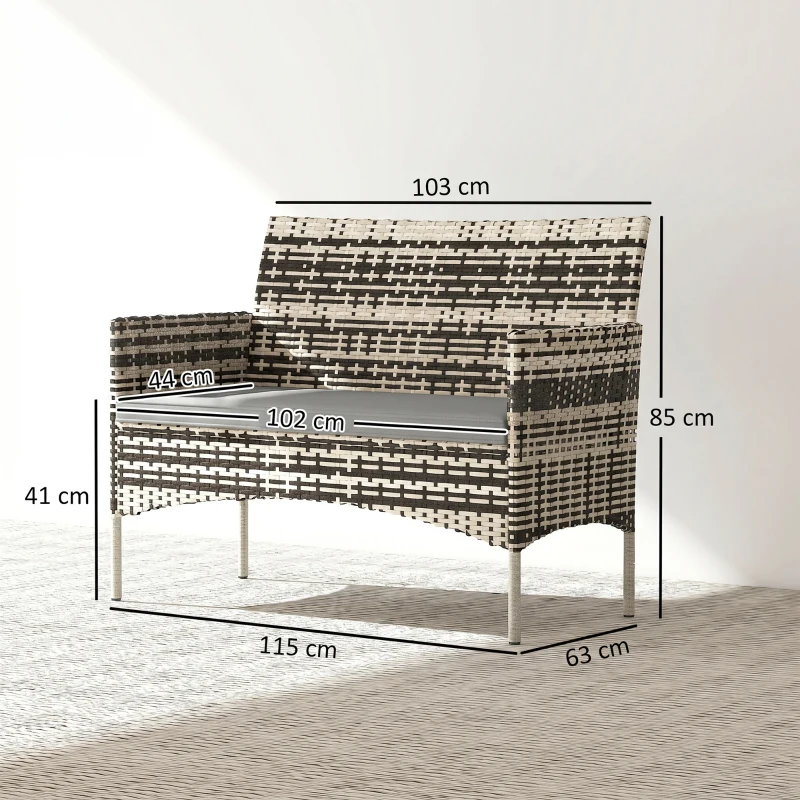 Outsunny 2-zits Rattan Tuinbank PE-Rattan Outdoor Terrasbank met Kussen, Anti-slip Matten, Stalen Frame, Lichtgrijs