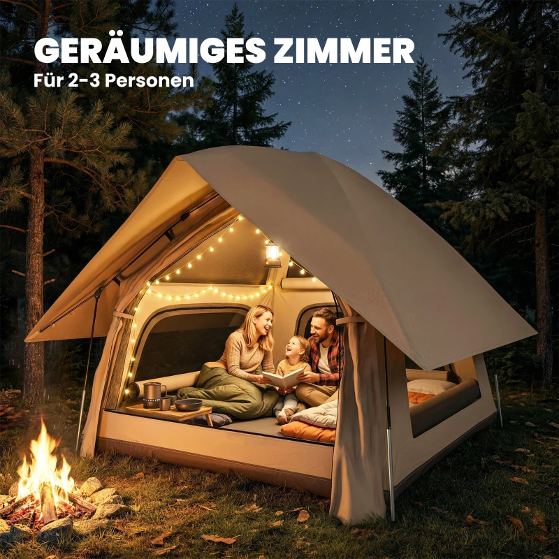 Outsunny Instant Pop-Up Tent met Regenschutz, Waterdicht Koepeltent voor 2-3 Personen met Grondzeil, 4 Ramen, 235x235x184cm, Khaki