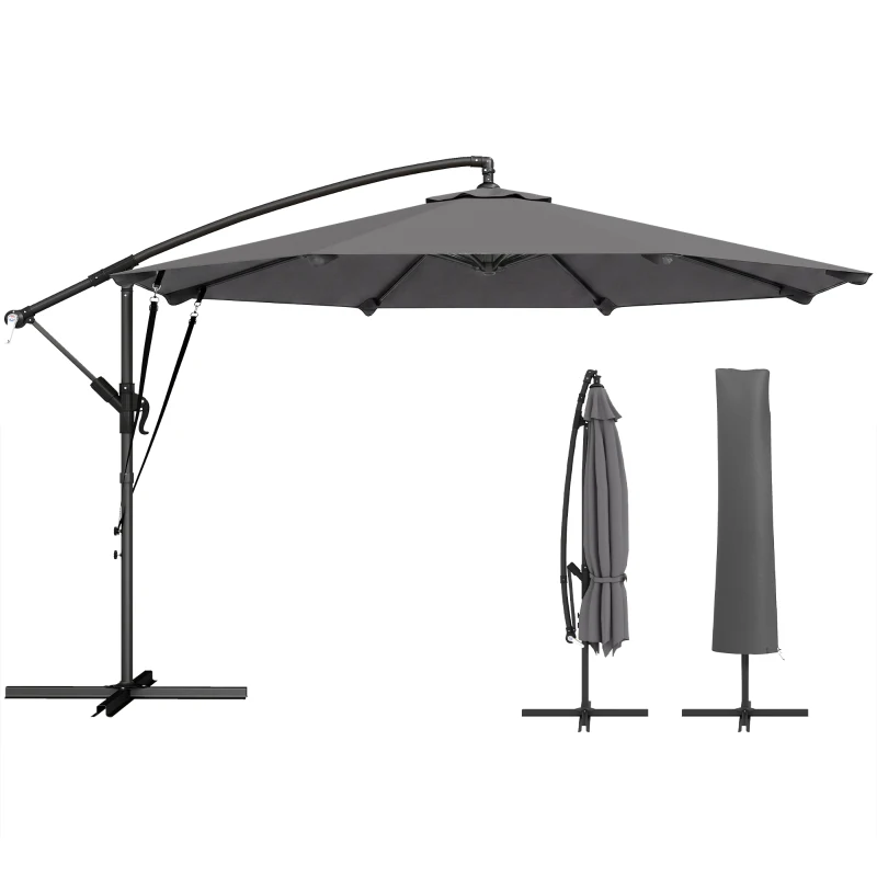 Outsunny Ampelscherm Ø300 cm Verstelbaar Parasol met Draaimechanisme Kruisvoet Windkoorden Beschermhoes Donkergrijs