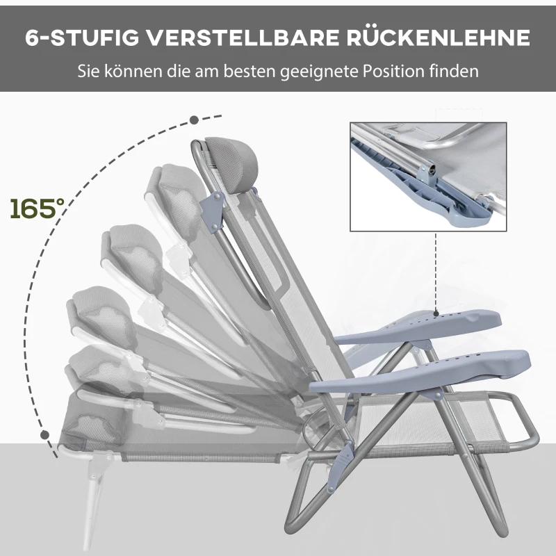 Outsunny 2-delige set campingstoelen inklapbaar met 6-voudig verstelbare mesh-rugleuning en hoofdsteun 62 x 65 x 80 cm Lichtgrijs