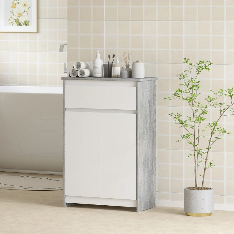 kleankin Mueble de Baño Autoportante con Cajón y Puertas Dobles, Gris-Blanco