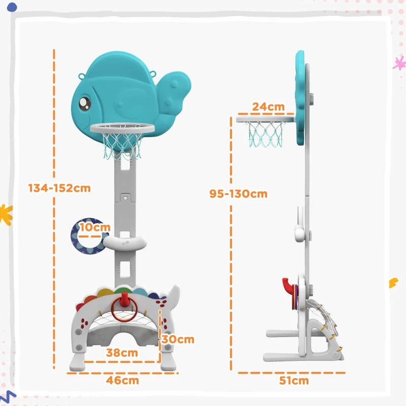 AIYAPLAY Kinderbasketbalkorf 5-in-1, in hoogte verstelbaar 134-152 cm, met basketbal, pomp, voetbaldoel en golfset, indoor & outdoor