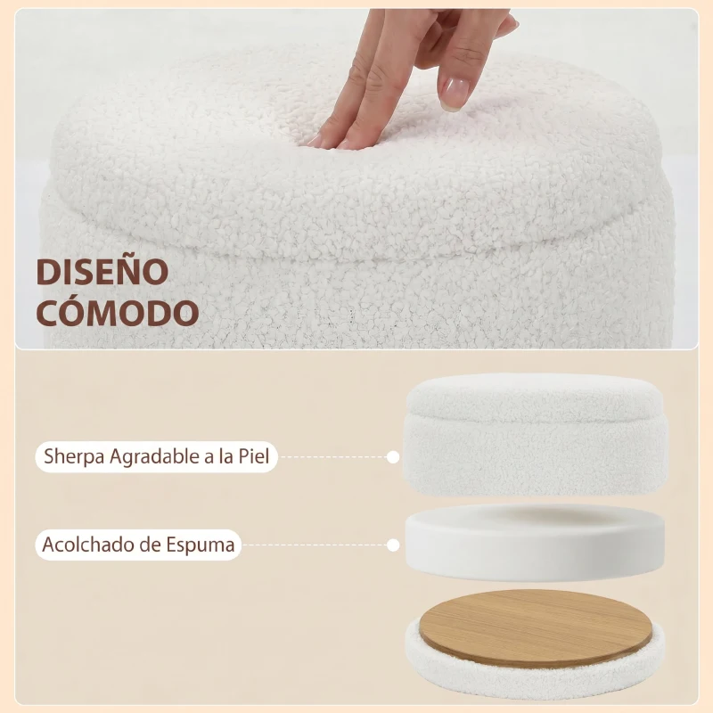 HOMCOM Puff de Almacenaje 33 L de Borreguito con Tapa Reversible Taburete Almacenaje Redondo para Salón Dormitorio Blanco