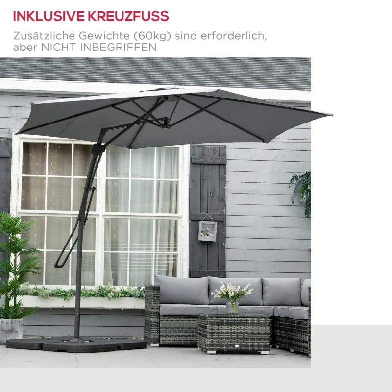 Outsunny Zweefparasol Ø293cm met zijhendel, kruisvoet, windbescherming, waterafstotend, donkergrijs