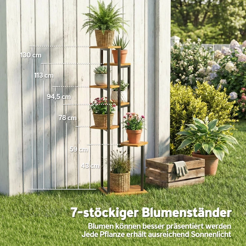 Outsunny 7-lagen Plantenstandaard, 130 cm hoge Bloemenstandaard, Trapsgewijs Plantenrek van Hout, Meerlagig Lichtbruin