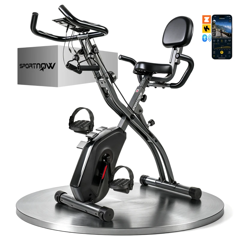 SPORTNOW Vélo d'Appartement Pliable Vélo de Fitness 3 en 1 Silencieux Connecté Kinomap Bluetooth et Zwift 105x53,5x109cm Noir