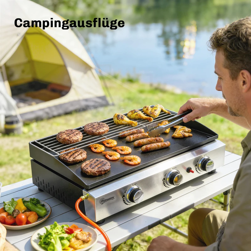 Outsunny Gasbarbecue 7,5 KW Draagbare Tafelbarbecue met 3 Branders Keramische Coating Grillrooster Warmhoudrek