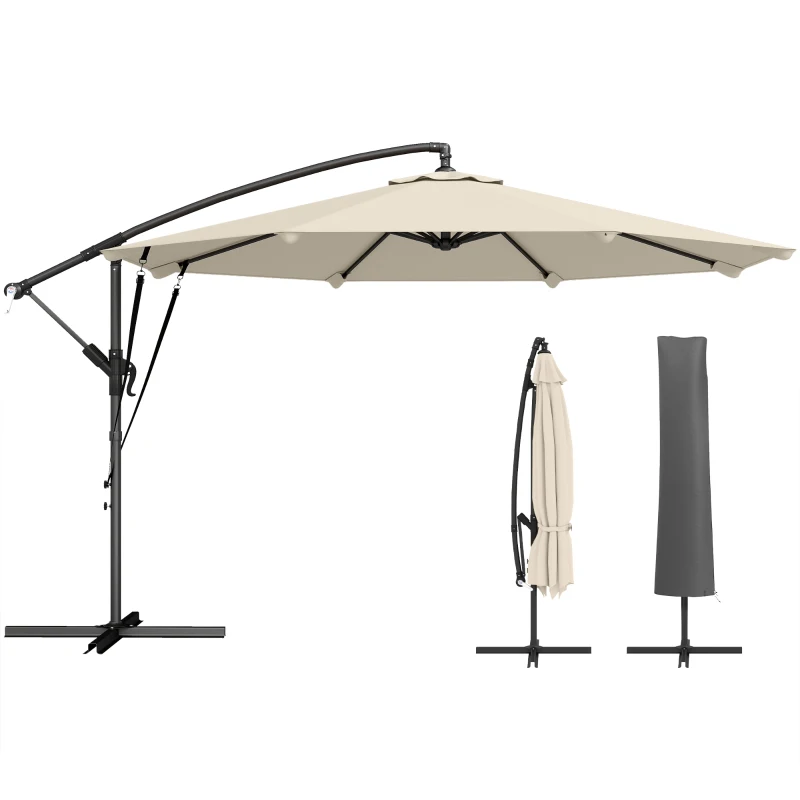 Outsunny Zweefparasol Ø300 cm Kantelbaar Parasol met Draaimechanisme Kruisvoet Windkoorden Beschermhoes Crème