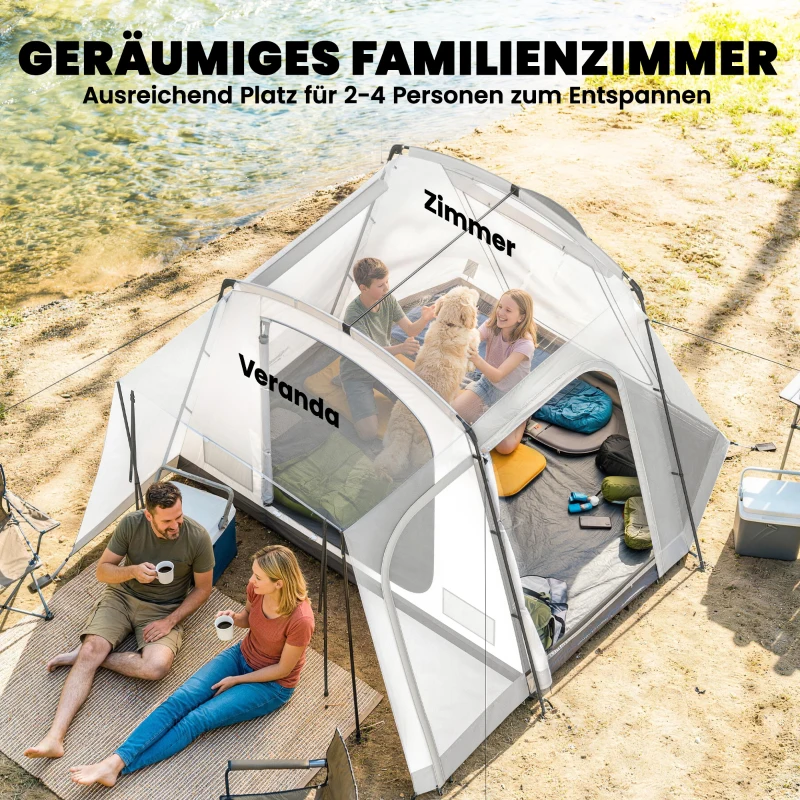 Outsunny Achtertent voor 2-4 personen, 320 x 280 x 205 cm 2-in-1 autotent waterdicht tunneltent met 4 deuren, raam en grondzeil
