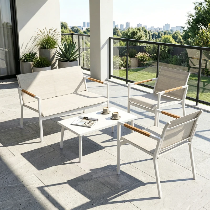 Outsunny Gartenmöbel Set Sitzgruppe für 4 Personen Atmungsaktiv Gartenlounge mit 2er Sofa 2 Sessel Metall-Tisch Fußpads