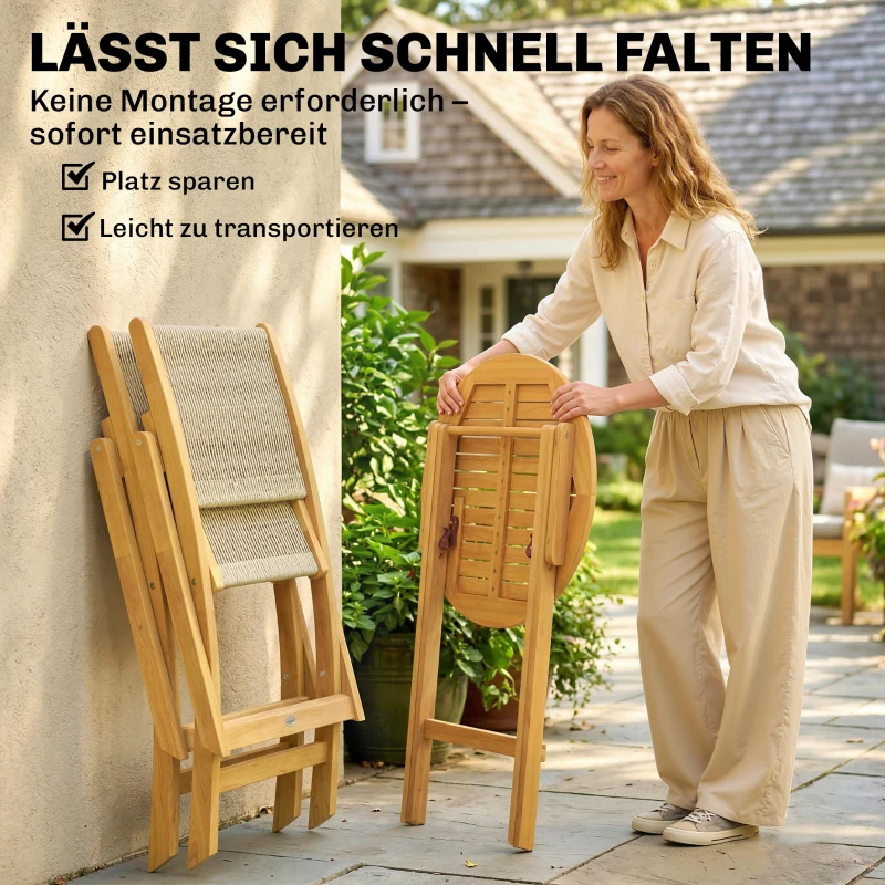 Outsunny Balkonmeubelset 3-delig Polyrattan Hout Inklapbaar Tuinmeubelset met Tafel en 2 Stoelen, Ademend