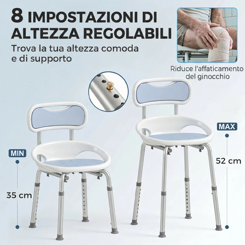 HOMCOM Sedia da Doccia con Schienale e Sedile Forato, 8 Altezza Regolabile, Antiscivolo, Portata 136kg, Azzurro