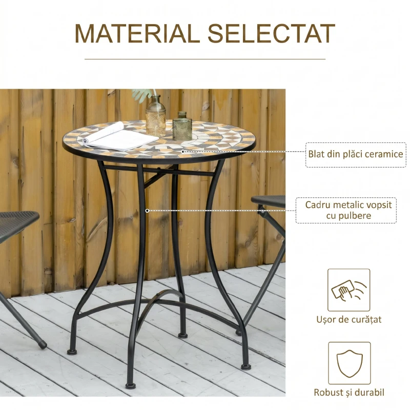 Outsunny Masa Rotunda Stil Bistro de 60 cm cu Mozaic pentru Gradina, Veranda, Exterior, Balcon, Gri