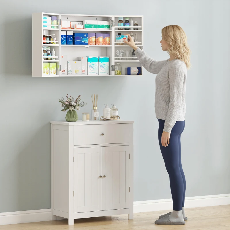 HOMCOM Armadietto Medicinali con 3 Mensole Interne e 8 Portabottiglie, in Legno e Metallo, 53x20x53 cm, Bianco