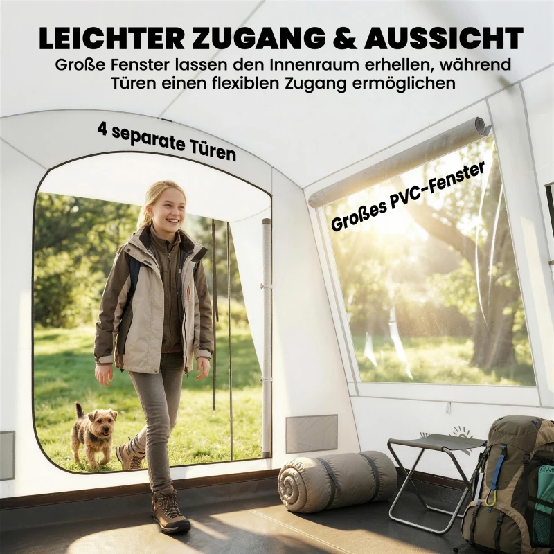 Outsunny Achtertent voor 2-4 personen, 320 x 280 x 205 cm 2-in-1 autotent waterdicht tunneltent met 4 deuren, raam en grondzeil