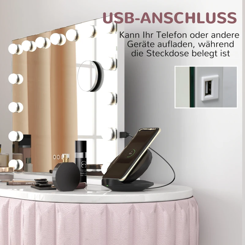 HOMCOM LED-make-upspiegel, 3 lichtstanden, dimbaar, touch-bediening, USB, 58 x 48 cm, wit