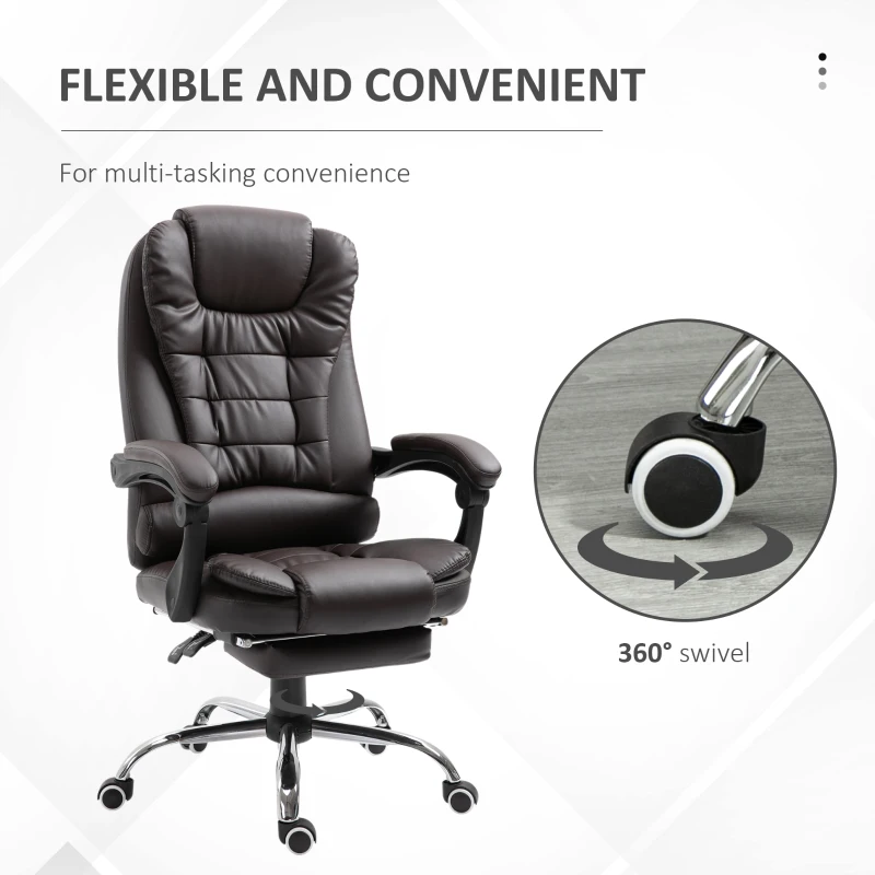 HOMCOM Executive Office Chair with Footrest, Ergonomic PU Leather Desk Chair with High Back, 145° Reclining, Thick Padded, Swivel Wheels for Home, Brown