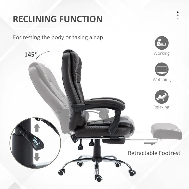 HOMCOM Executive Office Chair with Footrest, Ergonomic PU Leather Desk Chair with High Back, 145° Reclining, Thick Padded, Swivel Wheels for Home, Brown