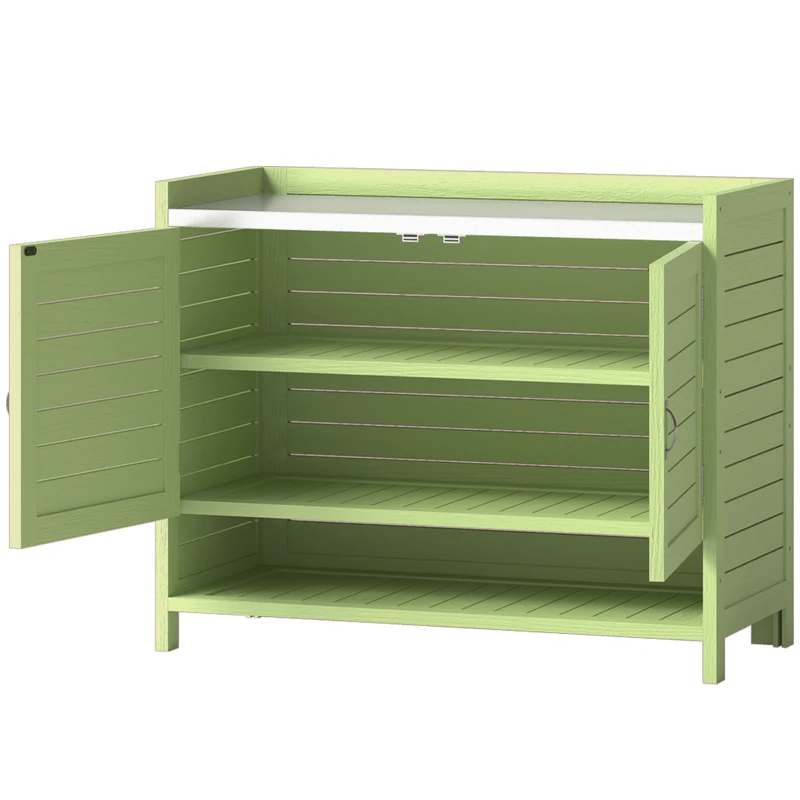 Outsunny Plantentafel met opbergkast van hout, buitenkast met verzinkt werkblad, 3 planken, 88x40x70,5 cm, groen