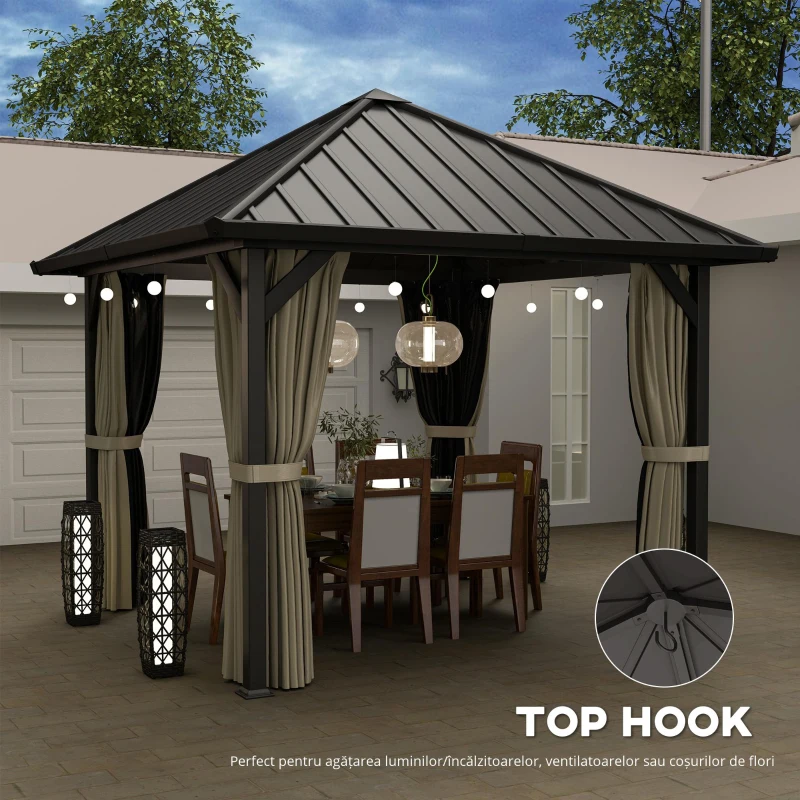 Outsunny Pavilion cu acoperiș solid 3 x 3 m, pavilion de grădină cu acoperiș metalic, cort de grădină impermeabil cu plasă și pereți laterali, Gri închis