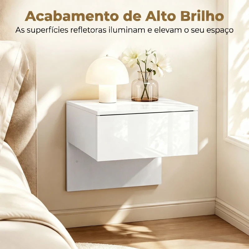 HOMCOM Conjunto de 2 Mesas de Cabeceira Suspensas com Gaveta para Fixar na Parede para Quarto 40x35x36,2 cm Branco Brilhante