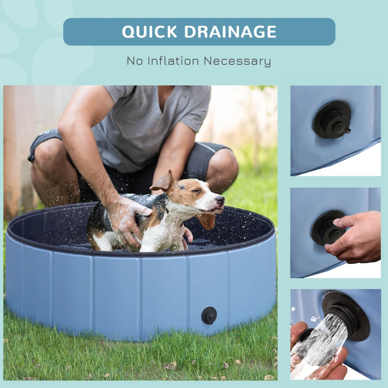 PawHut Foldable Dog Pool for Puppies and Ducks, Thickened PVC Dog Paddling Pool Bath Tub Hard Board, Anti-Slip Bottom and Drainage Hole, 100 x 30cm, Blue