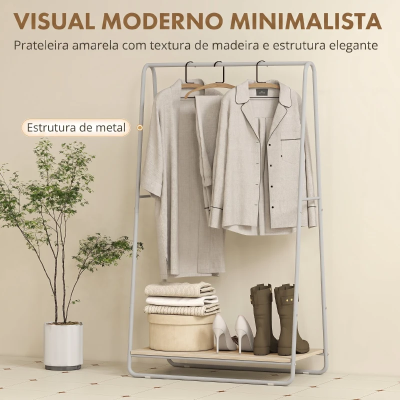 HOMCOM Charriot com Prateleira para Sapatos Barras Superior e Laterais Estrutura de Metal 80x44x140 cm Madeira e Cinzento