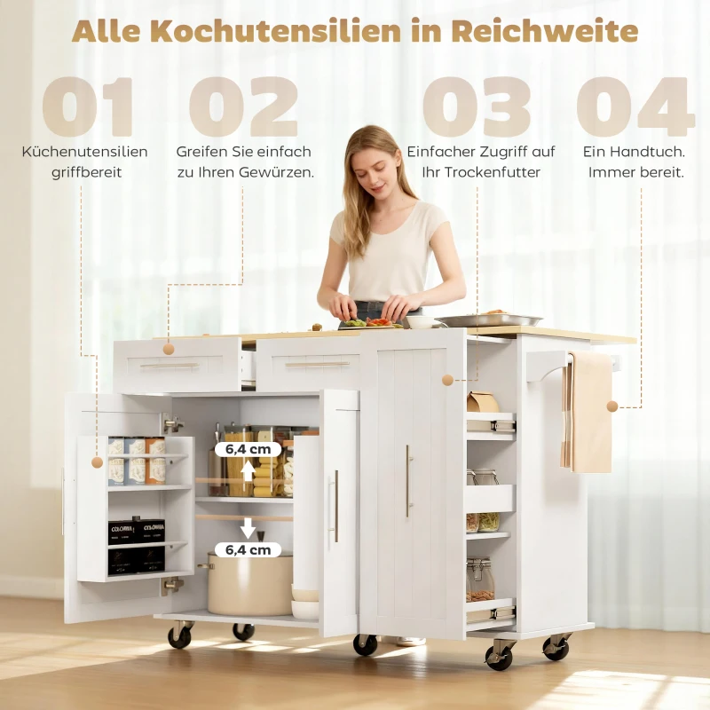 HOMCOM Fahrbare Kücheninsel, erweiterbare Oberfläche, Schranktüren, Schubladen, Handtuchhalter, Küchenwagen aus MDF, Weiß