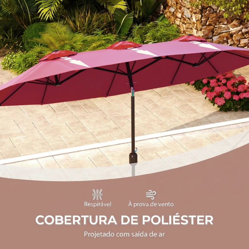 Outsunny Chapéu de Sol Duplo Chapéu de Sol de Jardim com Inclinação de 45° Manivela Estrutura de Aço 295x152x222 cm Vermelho