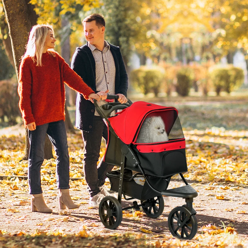 PawHut Poussette pour chien chariot pliable 3 roues tout-terrain EVA 12" auvent ajustable 2 laisses 109,5x57,5x106,5cm rouge(m-10)