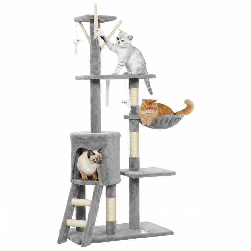 PawHut Kratzbaum Katzenbaum mit Höhle, 4 Spielzeuge, Sisalstämme, große Plattform, Treppe, für Katzen unter 5 kg, Grau