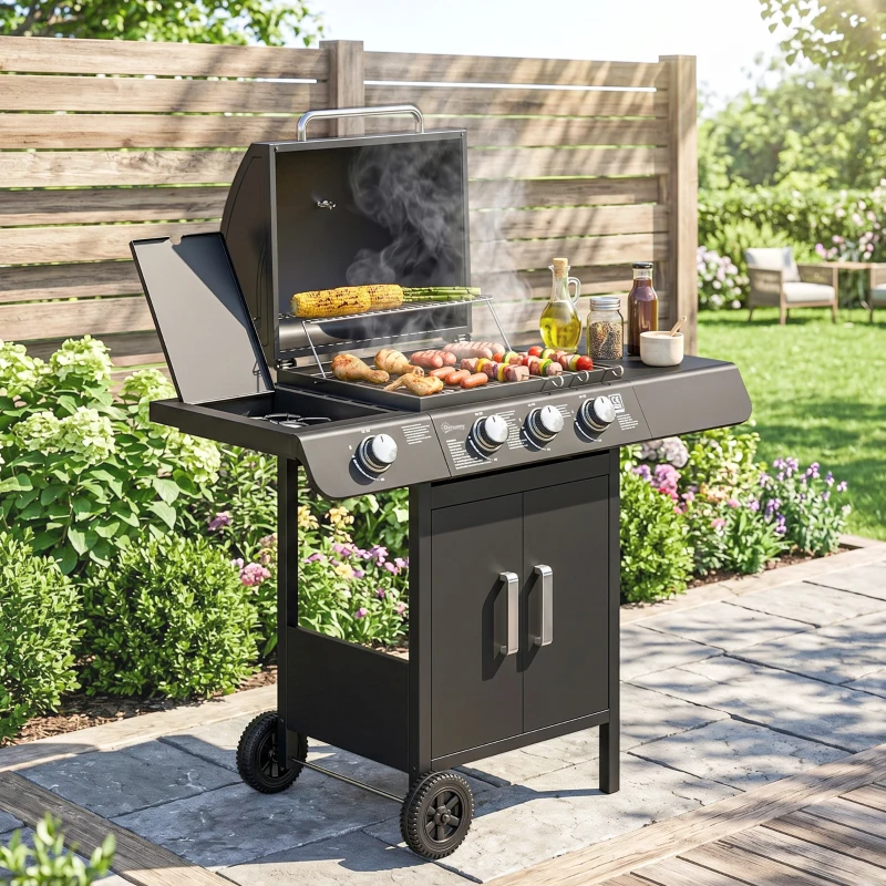Outsunny Barbacoa de Gas BBQ con 3+1 Quemadores 11,6 KW 2 Mesas Laterales Armario de 2 Puertas Termómetro y 2 Ruedas Acero Inoxidable 110x50x100 cm Negro