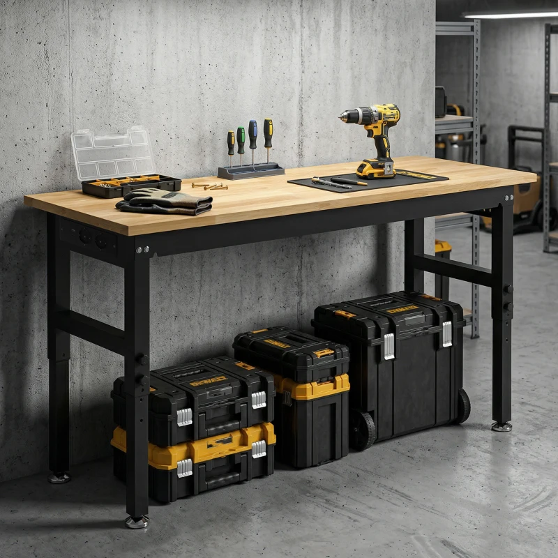 HOMCOM Banco da Lavoro in Legno e Acciaio Altezza Regolabile, 2 Prese AC, Capacità 900 kg, Color Legno e Nero