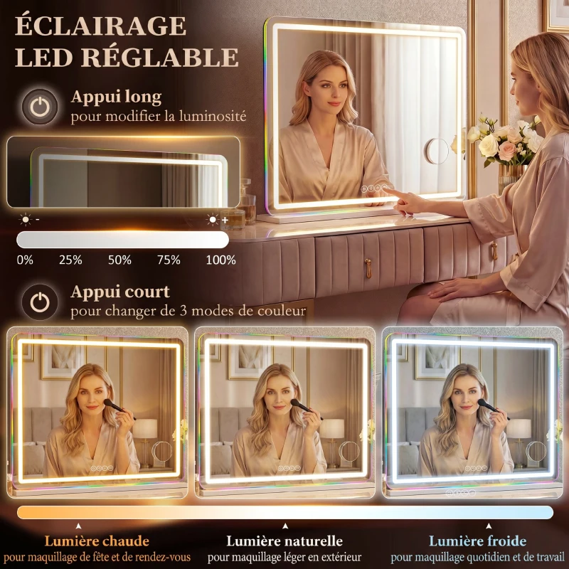 HOMCOM Miroir maquillage lumineux 80x60cm, miroir coiffeuse LED dimmable, lumière RGB, 3 températures de couleur, blanc
