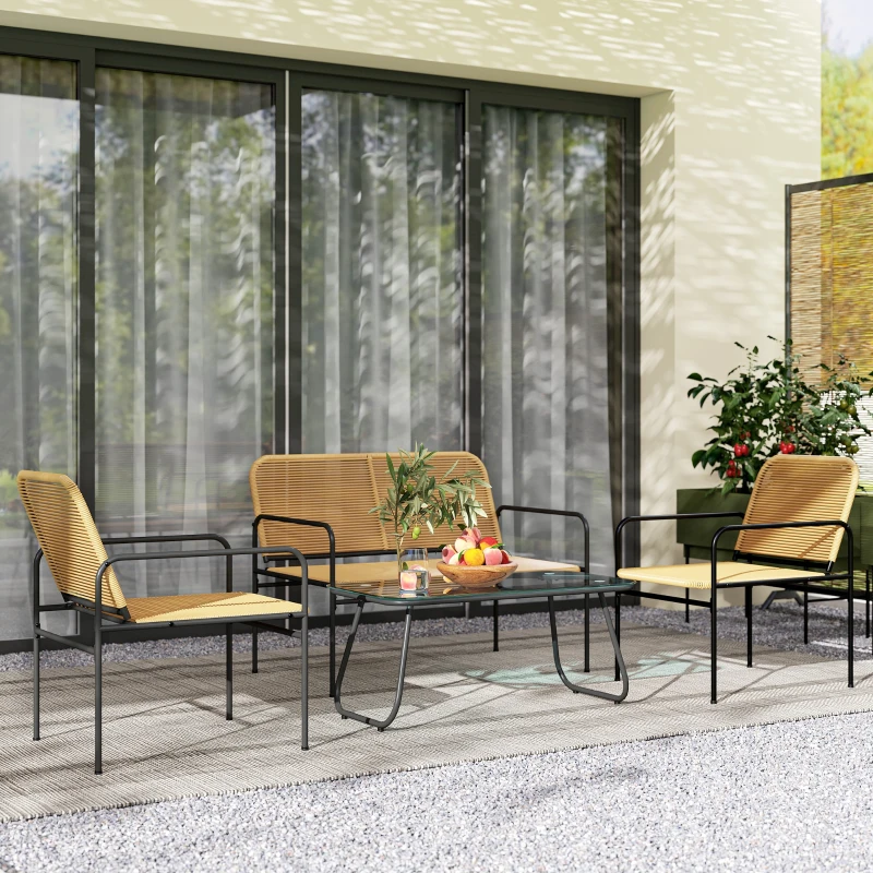 Outsunny Conjunto de Muebles Jardín Exterior de Ratán de 4 Piezas con Sofá Sillones y Mesa de Tablero de Vidrio Natural