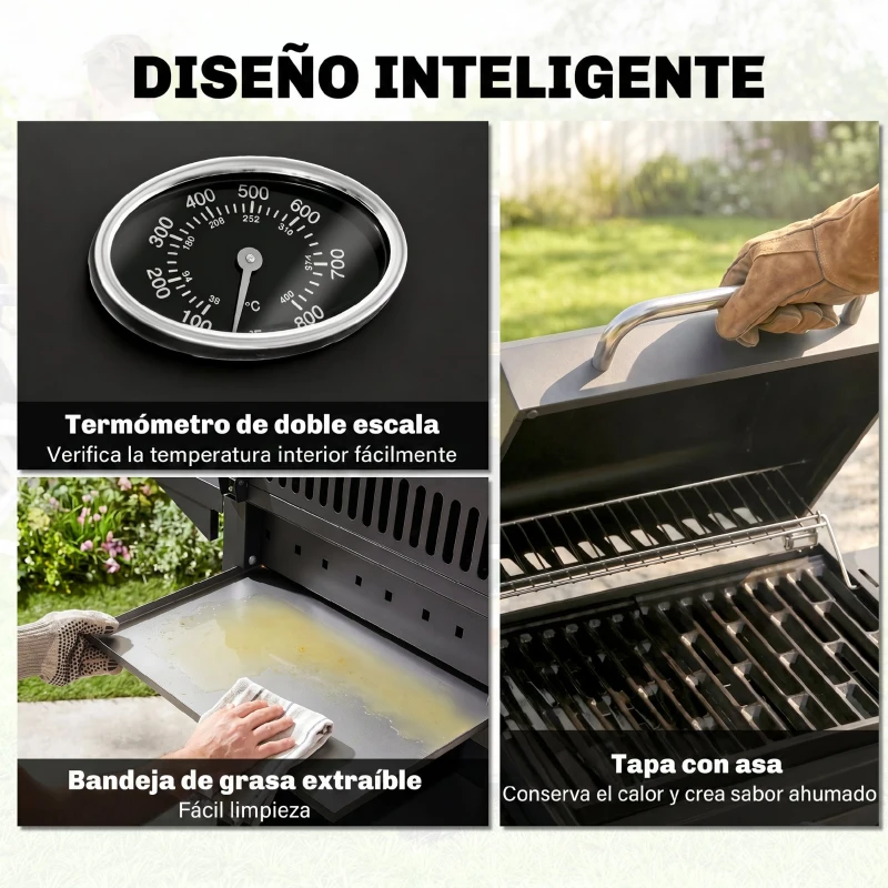 Outsunny Barbacoa de Gas BBQ con 3+1 Quemadores 11,6 KW 2 Mesas Laterales Armario de 2 Puertas Termómetro y 2 Ruedas Acero Inoxidable 110x50x100 cm Negro