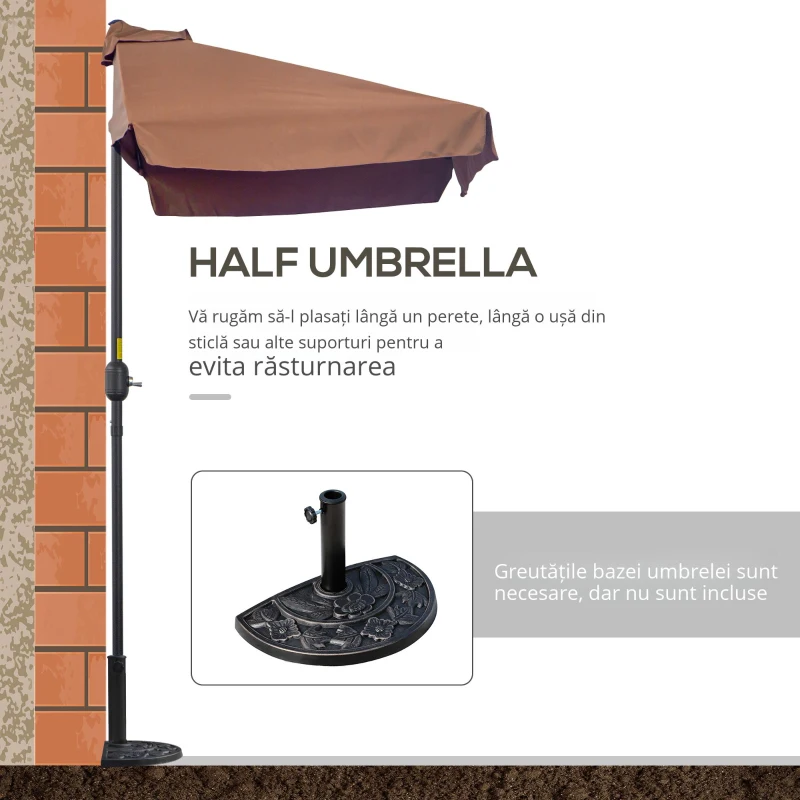 Umbrela de soare Semicirculara Outsunny pentru Terasa si Gradina, Umbrela de soare Semiluna pentru Perete cu Manivela, 230x130x249cm, Culoare Cafea